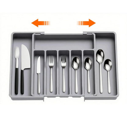 ORFELD Extendable Utensil Tray for Drawer,Multipurpose Kitchen Organizers and Storage Solution，Adjustable BPA-Free Cutlery Holder for Spoons, Forks, Grey