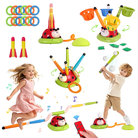 SaveJoy Kids Sports Toy 5-in-1, Outdoor Active Play Set with Rocket Launcher, Baseball & Toss Games, Musical Jump Toy for Ages 3-12