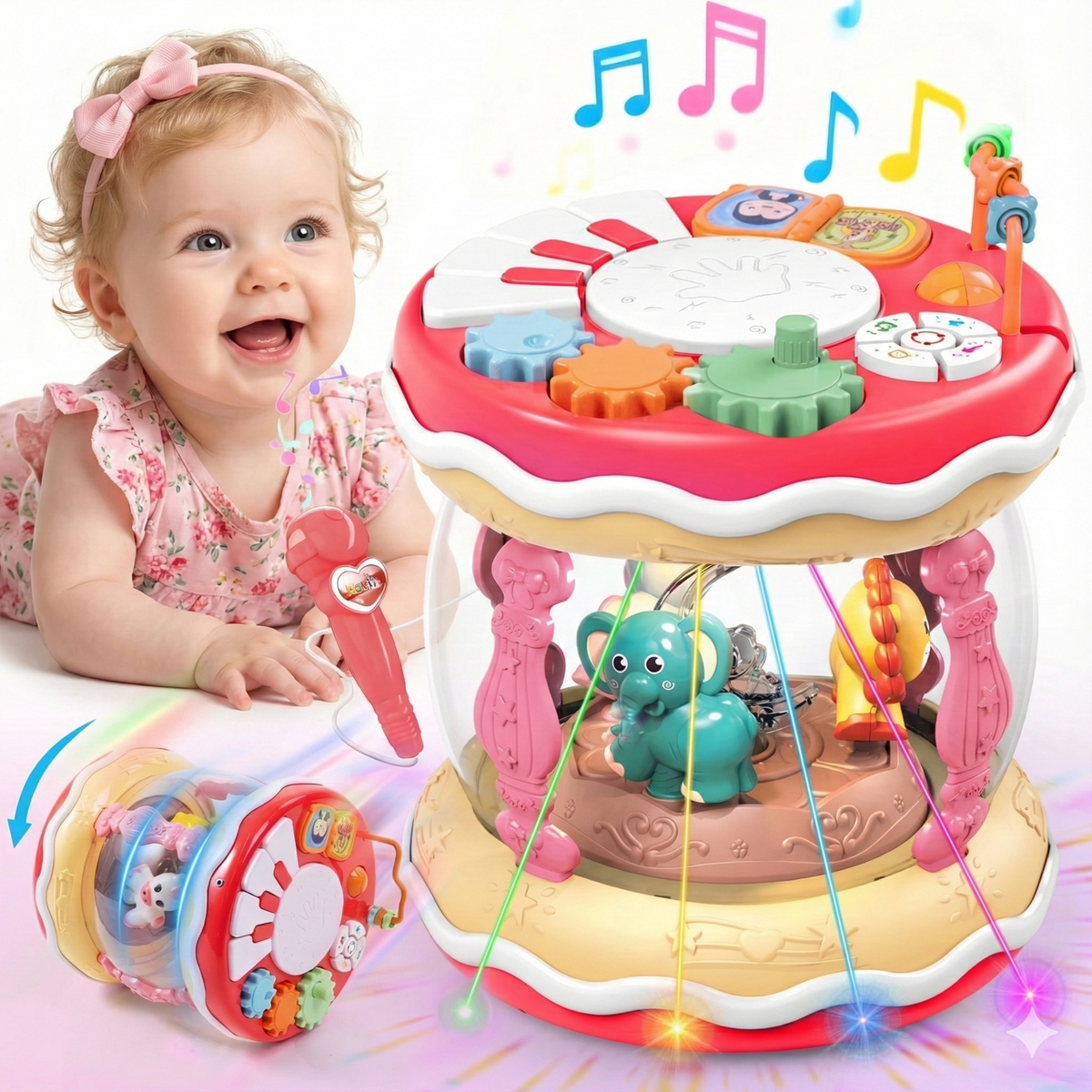 SaveJoy Musical Light up Toy with Rotating Animal for Toddlers, Interactive Crawling Toy, Merry-Go-Round Learning Toys Best Gift for Kids 3+