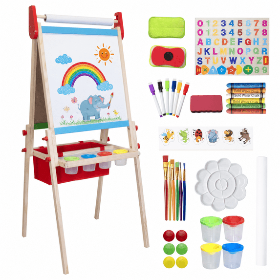 SaveJoy Kids Wooden Art Easel, 3-in-1 Double-Sided Height Adjustable Standing Drawing Board with Painting Accessories for Boys and Girls, Red