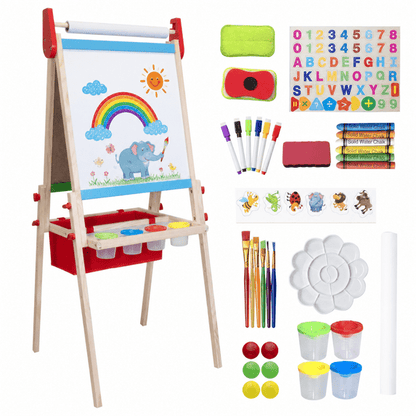 SaveJoy Kids Wooden Art Easel, 3-in-1 Double-Sided Height Adjustable Standing Drawing Board with Painting Accessories for Boys and Girls, Red