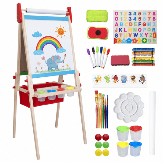 SaveJoy Kids Wooden Art Easel, 3-in-1 Double-Sided Height Adjustable Standing Drawing Board with Painting Accessories for Boys and Girls, Red