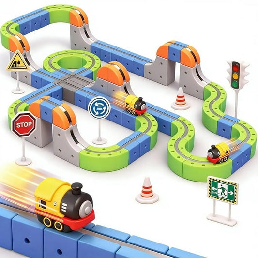SaveJoy Magnetic Car Toys, 126PCS DIY Race Car Track Building Kit with Electric Train & Traffic Signs,Educational Flexible Tracks Birthday for 3-8