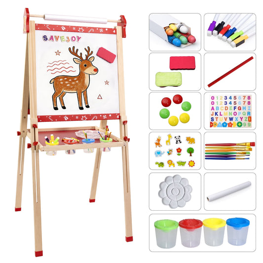 SaveJoy Kids Easel,Reindeer Adjustable Double-Sided Whiteboard,Wooden Toddlers Drawing Chalkboard with Paper & Art Supplies for 3-8 Boys Girls