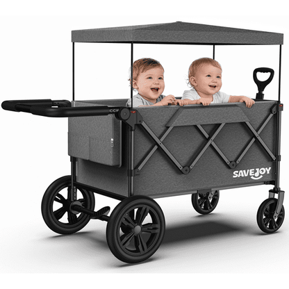 SaveJoy Wagon Stroller, Collapsible Stroller Wagon for 2 Passenger with Adjustable Canopy & 5-Point Harness, Black
