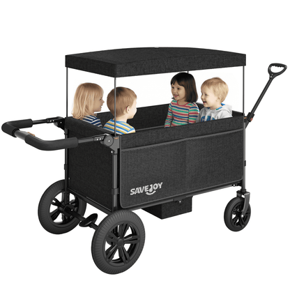 SaveJoy Wagon Stroller, Collapsible Stroller Wagon for 4 Passenger with Adjustable Canopy & 5-Point Harness, Black
