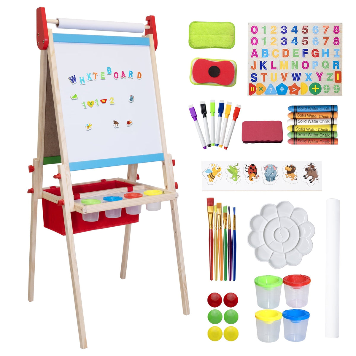 SaveJoy 3-in-1 Wooden Double Sided Kids Art Easel,Adjustable Standing Drawing Board with Accessories for Boys & Girls,Red