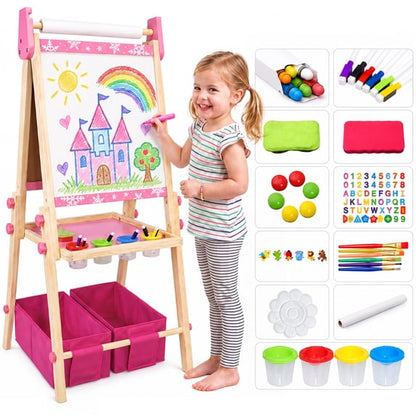 SaveJoy Kids Art Easel 3-in-1 Wooden Double Sided ,Magnetic Whiteboard, Adjustable Standing Drawing Board with Accessories for Boys & Girls,Pink