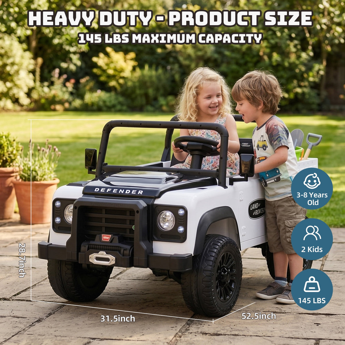 SaveJoy Licensed Land Rover Defender 24V 2-Seater Ride-On, 4WD 400W Electric Truck with Motorized Dump Bed & Remote,White