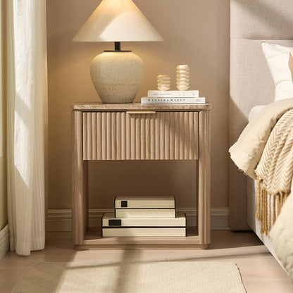 Hvoonc Fluted Nightstand with Drawer, Solid Wood & Faux Marble Bedside Table, Modern Accent Furniture for Bedroom, Natural Oak