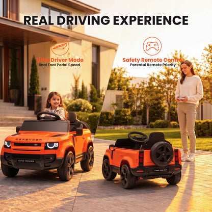 SaveJoy 12V Licensed Land Rover Defender Ride on Car, Electric Truck for Kids with 2.4G Remote Control, 3-Point Belt, Spring Suspension, Bluetooth, Orange