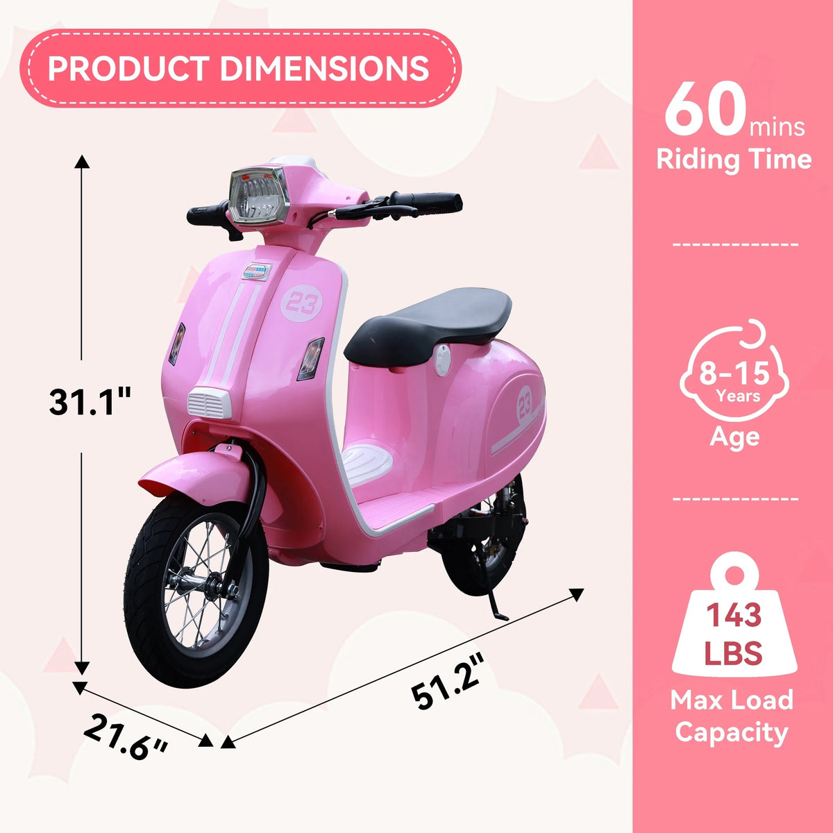 SaveJoy Kids Motorcycle 24V Retro Ride on Toys for Ages 8+, 15 mph LED Light up Electric Ride On Car,Durable Outdoor Gift for Boys & Girls,Pink
