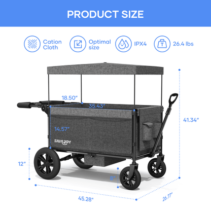 SaveJoy Wagon Stroller, Collapsible Stroller Wagon for 4 Passenger with Adjustable Canopy & 5-Point Harness, Black