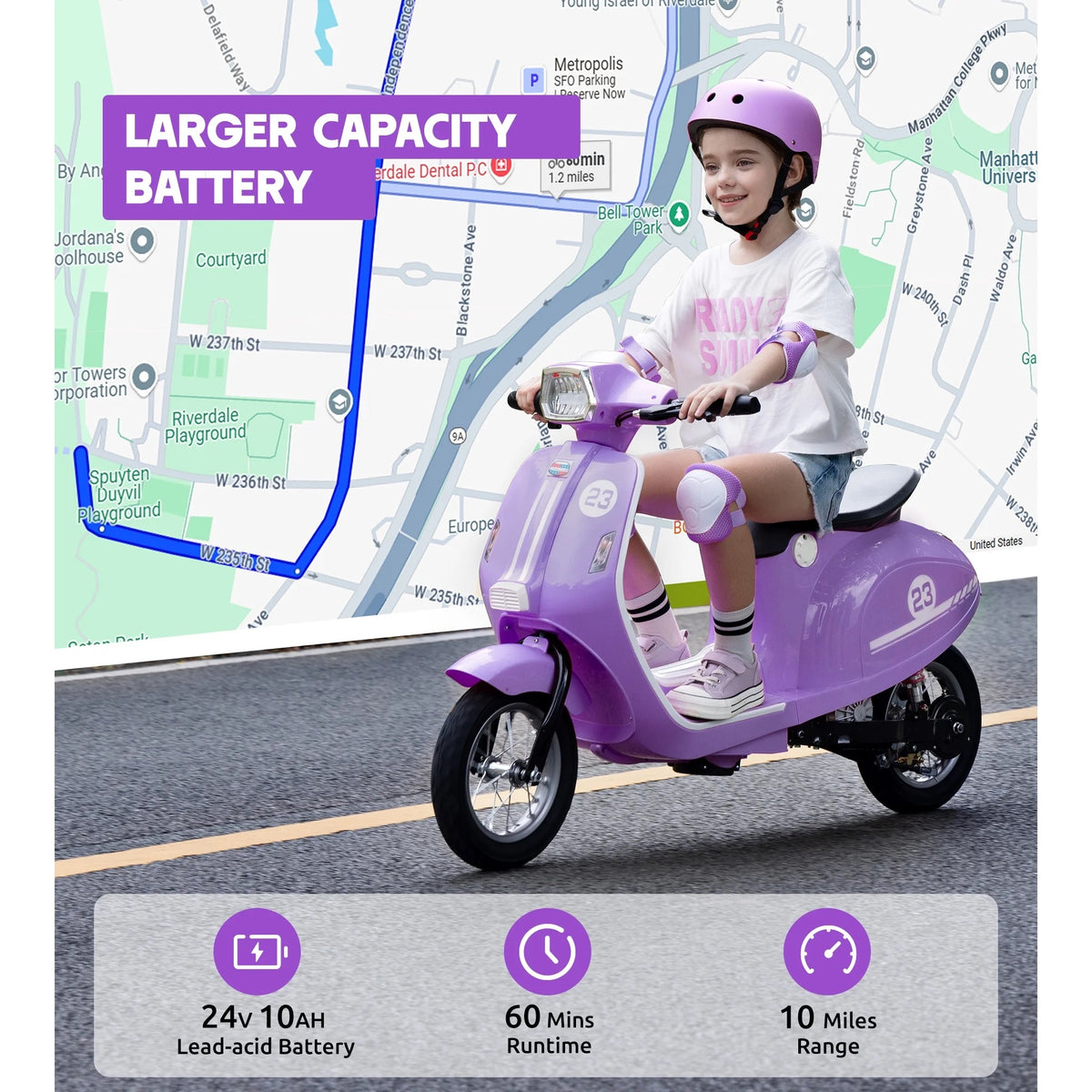 SaveJoy Kids Motorcycle 24V Retro Ride on for Ages 8+, LED Light-Up Electric Ride On Toy,Durable Outdoor Gift for Boys & Girls,Purple