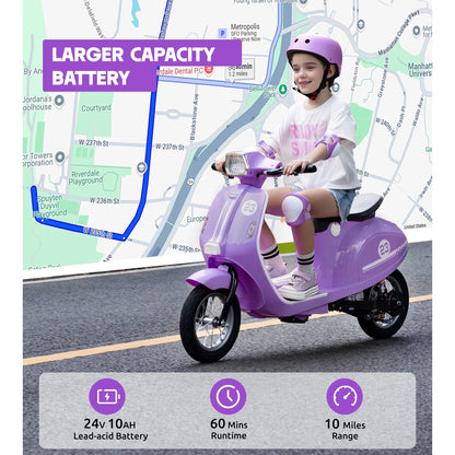 SaveJoy Kids Motorcycle 24V Retro Ride on for Ages 8+, LED Light-Up Electric Ride On Toy,Durable Outdoor Gift for Boys & Girls,Purple