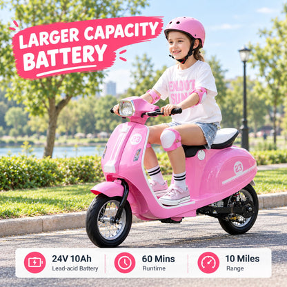 SaveJoy Kids Motorcycle 24V Retro Ride on Toys for Ages 8+, 15 mph LED Light up Electric Ride On Car,Durable Outdoor Gift for Boys & Girls,Pink