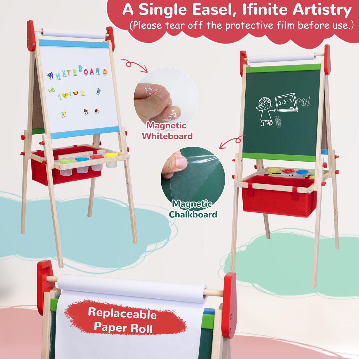 SaveJoy 3-in-1 Wooden Double Sided Kids Art Easel,Adjustable Standing Drawing Board with Accessories for Boys & Girls,Red