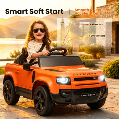 SaveJoy 12V Licensed Land Rover Defender Ride on Car, Electric Truck for Kids with 2.4G Remote Control, 3-Point Belt, Spring Suspension, Bluetooth, Orange