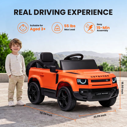 SaveJoy 12V Licensed Land Rover Defender Ride on Car, Electric Truck for Kids with 2.4G Remote Control, 3-Point Belt, Spring Suspension, Bluetooth, Orange