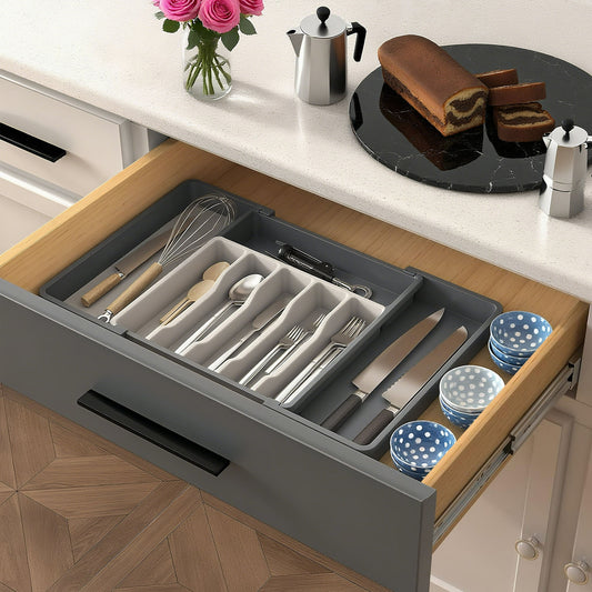 ORFELD Extendable Utensil Tray for Drawer,Multipurpose Kitchen Organizers and Storage Solution，Adjustable BPA-Free Cutlery Holder for Spoons, Forks, Grey