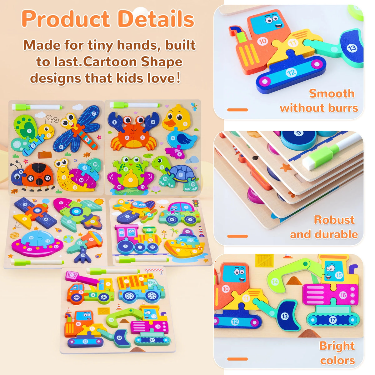SaveJoy Wooden Animal Jigsaw Puzzle Set - 3D Smooth Surface, Rich Colors,with Drawing Board for Kids' Early Learning & Fun,3Pcs