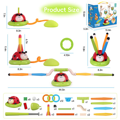 SaveJoy Kids Sports Toy 5-in-1, Outdoor Active Play Set with Rocket Launcher, Baseball & Toss Games, Musical Jump Toy for Ages 3-12
