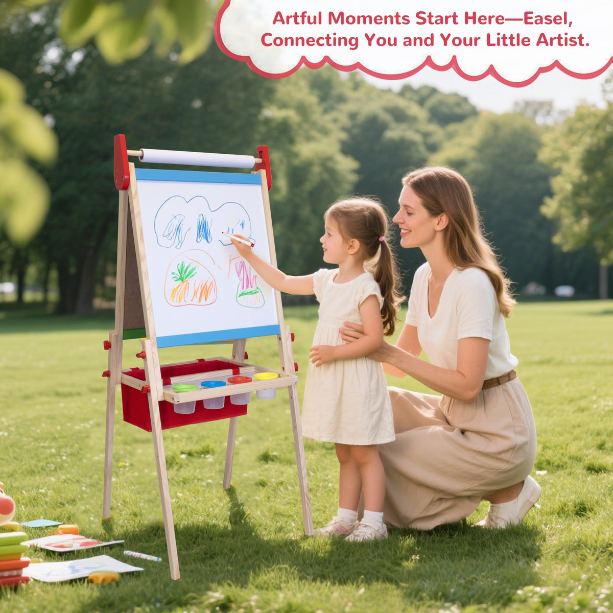 SaveJoy 3-in-1 Wooden Double Sided Kids Art Easel,Adjustable Standing Drawing Board with Accessories for Boys & Girls,Red