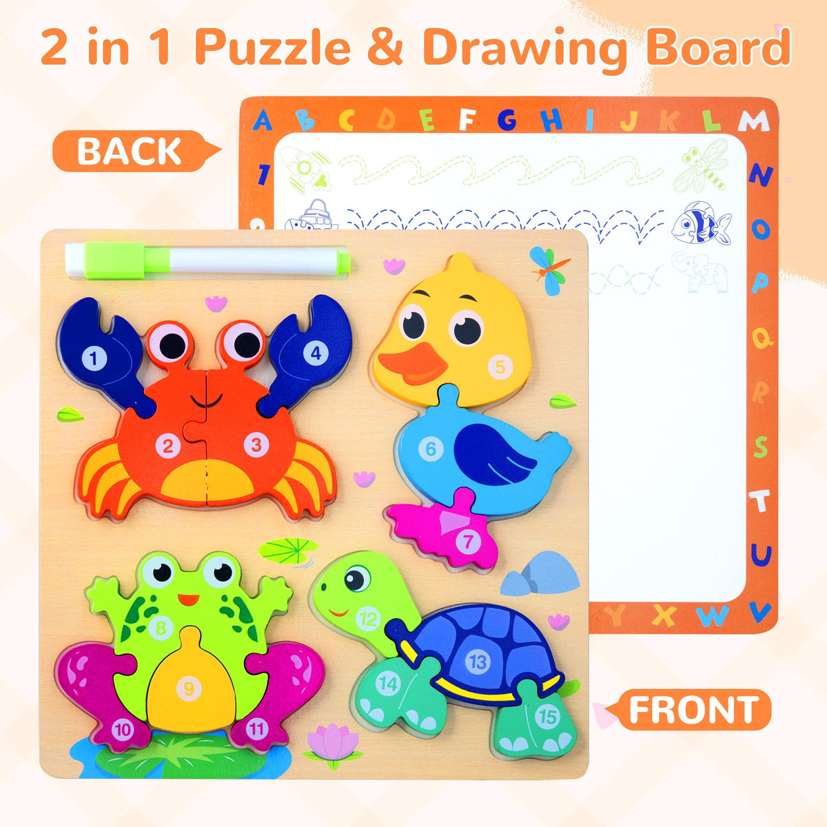 SaveJoy Wooden Animal Jigsaw Puzzle Set - 3D Smooth Surface, Rich Colors,with Drawing Board for Kids' Early Learning & Fun,3Pcs