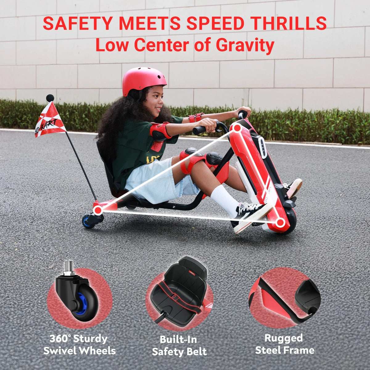 ORFELD 24V Electric Kids Go Kart for Ages 6+, High-Power Battery Ride On Toy with Safety Belt, Drift Cart Gift for Boys & Girls,Red