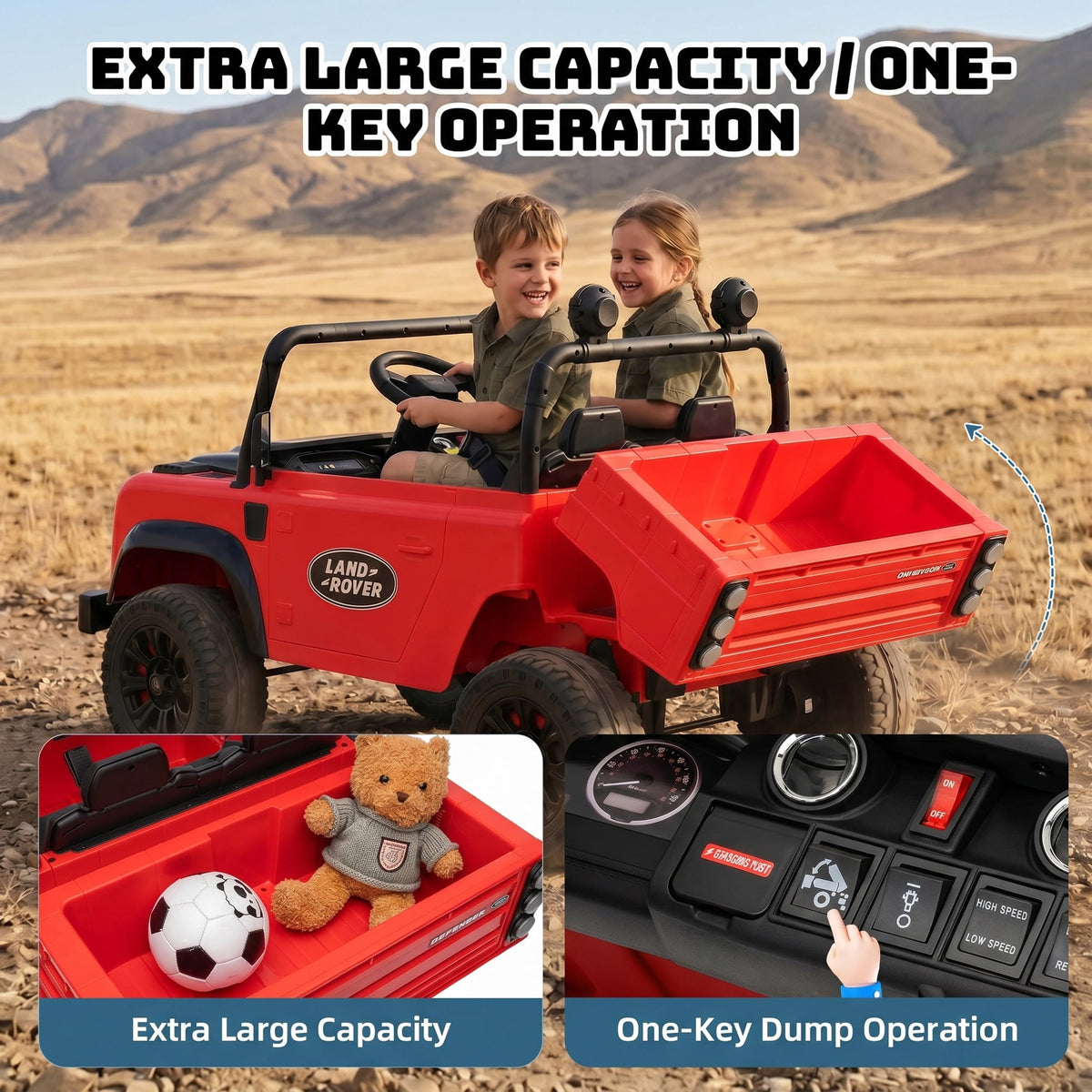 SaveJoy Licensed Land Rover Defender 24V 2-Seater Ride-On, 4WD 400W Electric Truck with Motorized Dump Bed & Remote, Red