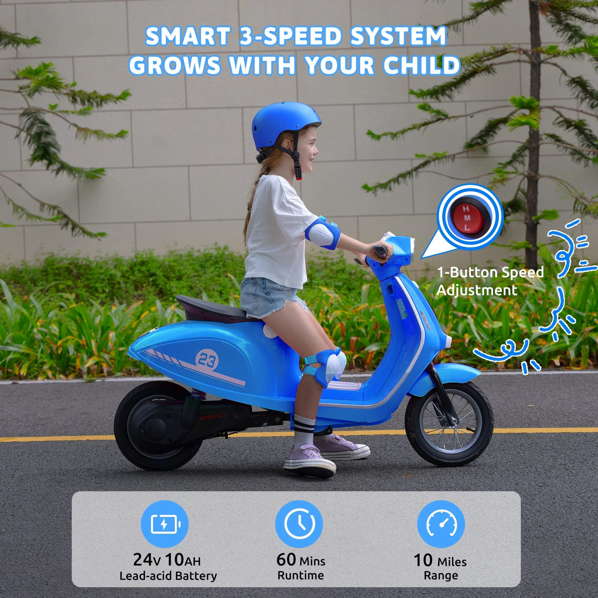 SaveJoy 24V Motorcycle for Kids Ages 8+ Retro Ride on Toys , LED Light-Up Electric Ride On Car,Durable Outdoor Gift for Boys & Girls,Blue