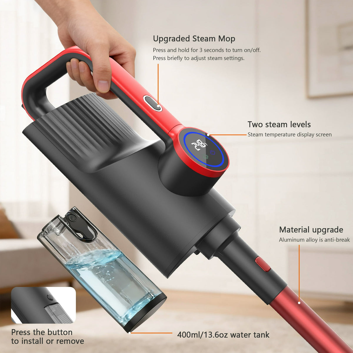 ORFELD Digital Steam Mop & Detachable Handheld Steam Cleaner for Home and Floor Cleaning,15s Heat-Up, 248°F Floor Steamer for Deep Cleaning with Multi-purpose Attachments,Red