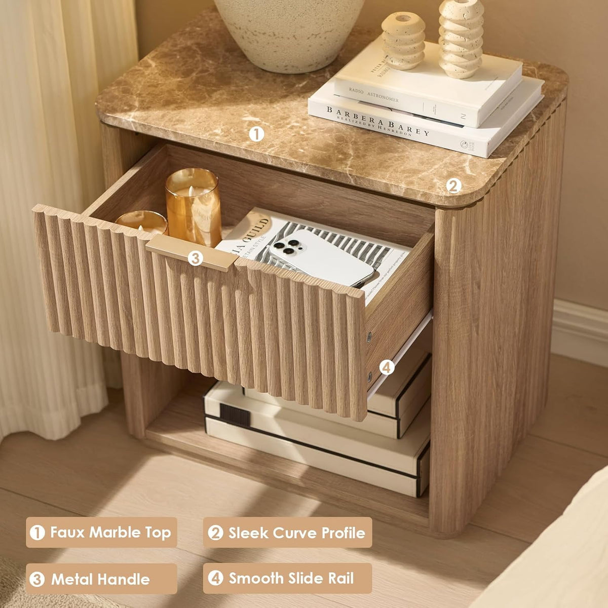 Hvoonc Fluted Nightstand with Drawer, Solid Wood & Faux Marble Bedside Table, Modern Accent Furniture for Bedroom, Natural Oak