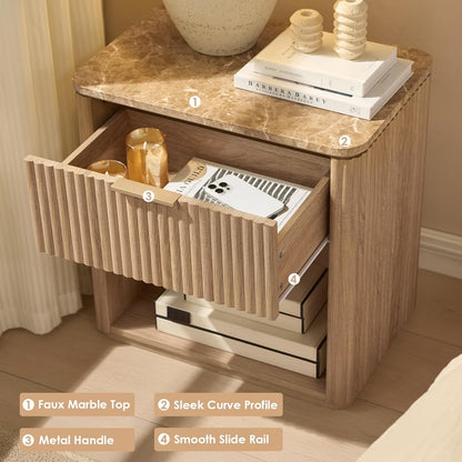 Hvoonc Fluted Nightstand with Drawer, Solid Wood & Faux Marble Bedside Table, Modern Accent Furniture for Bedroom, Natural Oak
