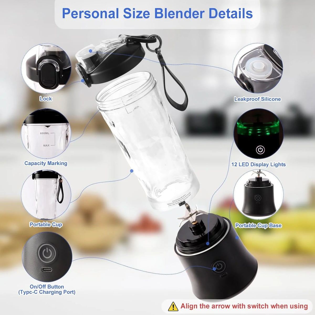 ORFELD Personal Portable Blender, Small Kitchen Appliances Blender Cup for Shakes and Smoothies Rechargeable Shaker Bottle, 20oz