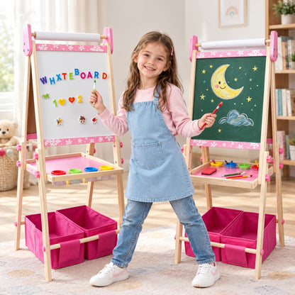 SaveJoy Kids Art Easel 3-in-1 Wooden Double Sided ,Magnetic Whiteboard, Adjustable Standing Drawing Board with Accessories for Boys & Girls,Pink