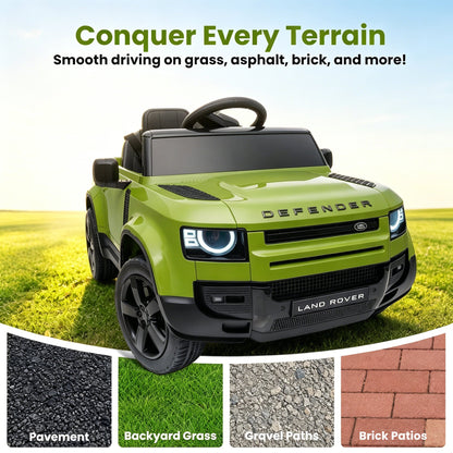 SaveJoy 12V Licensed Land Rover Defender Ride on Car, Electric Truck for Kids with 2.4G Remote Control, 3-Point Belt, Spring Suspension, Bluetooth, Green