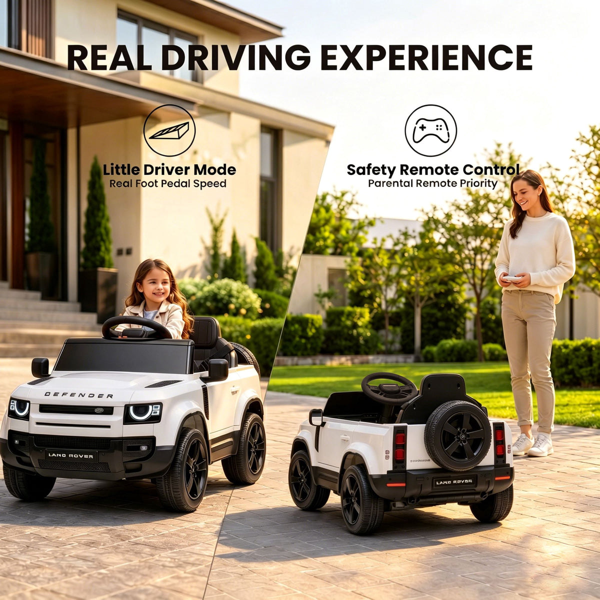 SaveJoy 12V Licensed Land Rover Defender Ride on Car, Electric Truck for Kids with 2.4G Remote Control, 3-Point Belt, Spring Suspension, Bluetooth, White