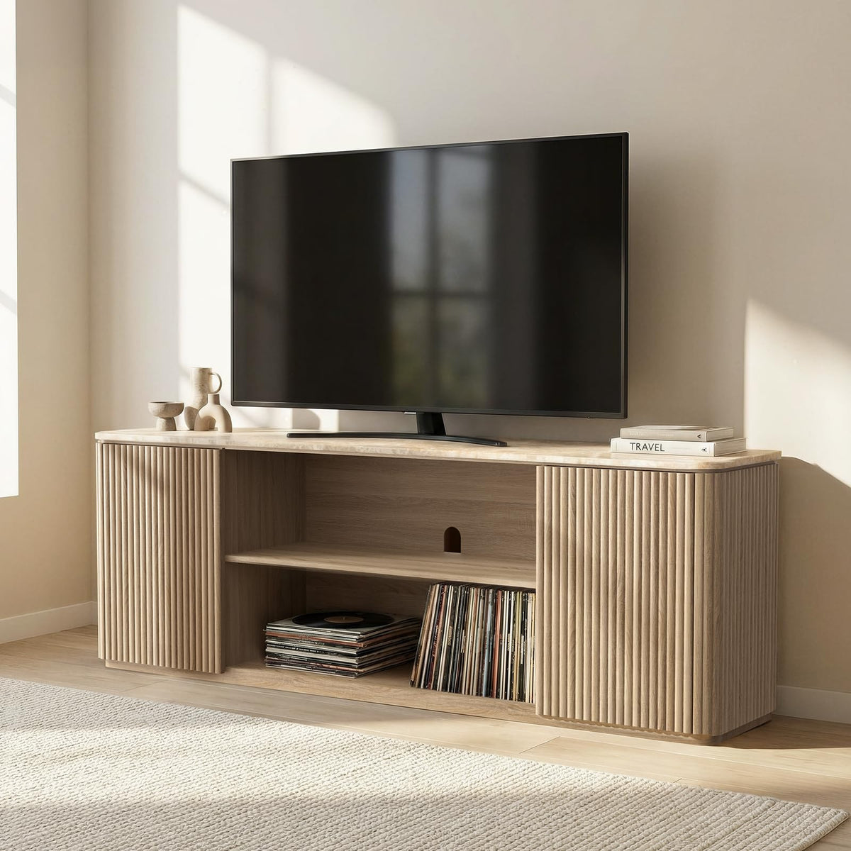 Hvoonc 70" Fluted Wood TV Stands with Storage, Faux Marble Top, Modern Oak Television Console for 65-80" TVs, Large Entertainment Center Living Room