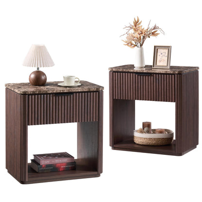 Hvoonc 24" Tall Fluted Walnut Modern Nightand Set of 2 with Drawer, Bedside Table with Faux Marble Top and Rounded Corners for Bedroom