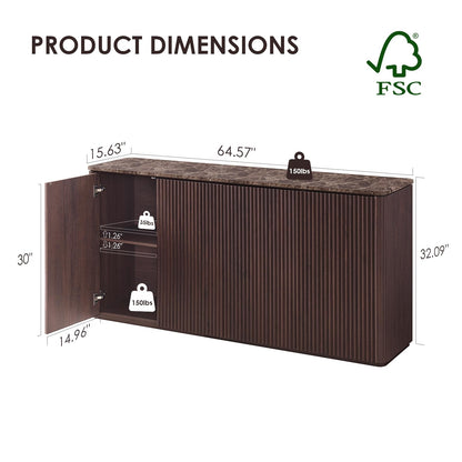 Hvoonc 4 Doors 65'' Sideboard Buffet Cabinet with Storage, Walnut Fluted Credenza Kitchen Cabinet Storage with Adjustable Shelves for Living Room, Entryway, Kitchen