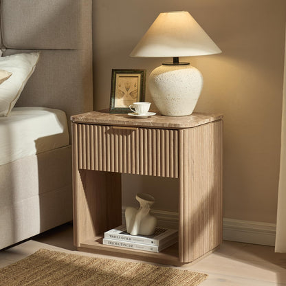 Hvoonc 24" Tall Oak Wooden Nightstand Set of 2, Fluted End Tables with Drawer and Faux Marble Top for Living Room
