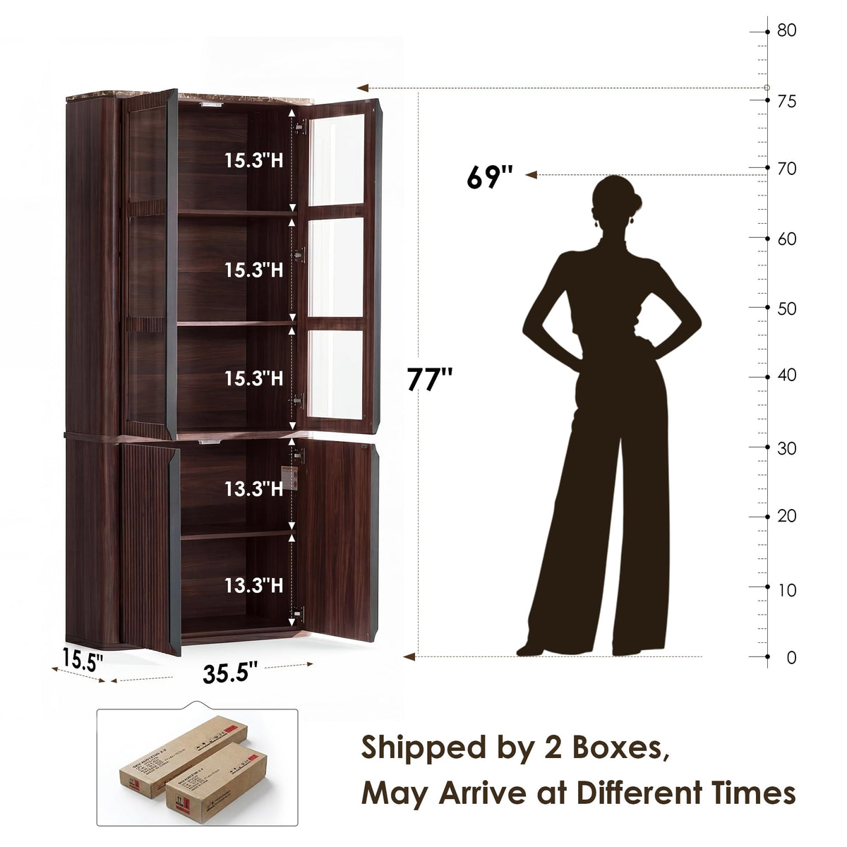 Hvoonc 77" Tall Modern Fluted Storage Cabinet, Walnut Glass Door Accent Cabinet with Adjustable Shelves for Living Room Bedroom Office