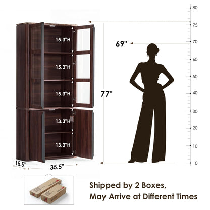 Hvoonc 77" Tall Modern Fluted Storage Cabinet, Walnut Glass Door Accent Cabinet with Adjustable Shelves for Living Room Bedroom Office
