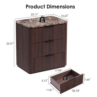 Hvoonc 25.3" Tall Set of 2 Modern Fluted Nightstands, 2in Thicker Walnut 3 Drawer Bedside Tables, Faux Marble Top and Rounded Corners