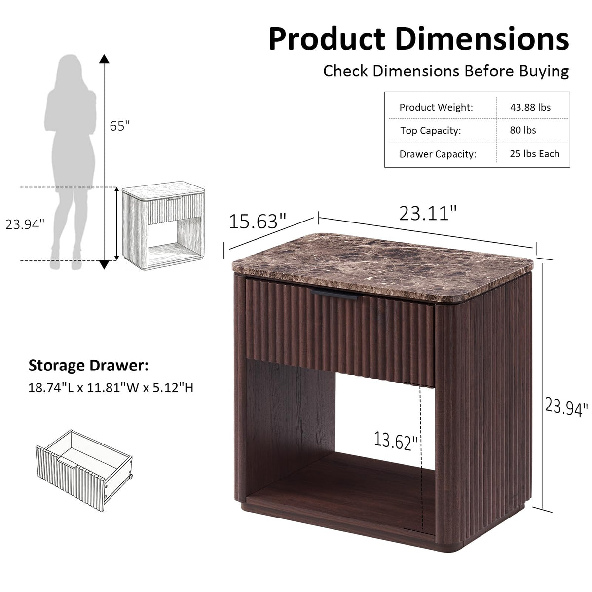 Hvoonc 24" Tall Fluted Walnut Modern Nightand Set of 2 with Drawer, Bedside Table with Faux Marble Top and Rounded Corners for Bedroom