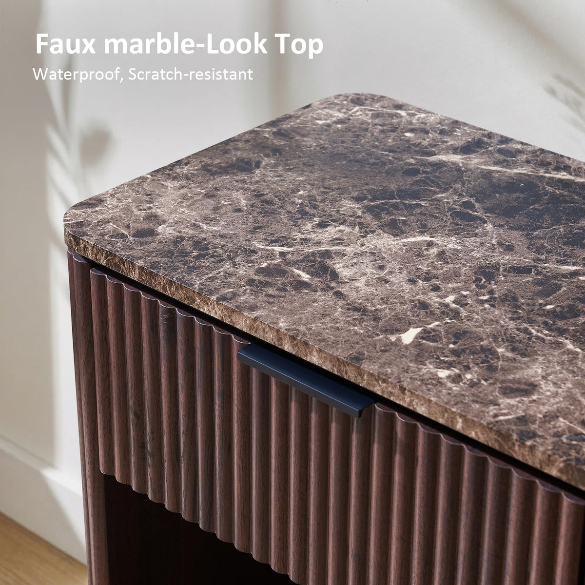 Hvoonc 24" Tall Fluted Walnut Modern Nightand Set of 2 with Drawer, Bedside Table with Faux Marble Top and Rounded Corners for Bedroom