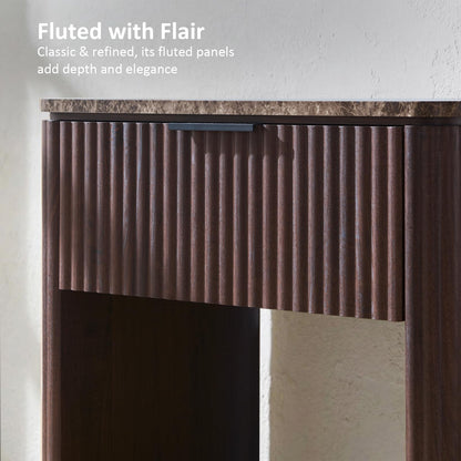 Hvoonc 24" Tall Fluted Walnut Modern Nightand Set of 2 with Drawer, Bedside Table with Faux Marble Top and Rounded Corners for Bedroom