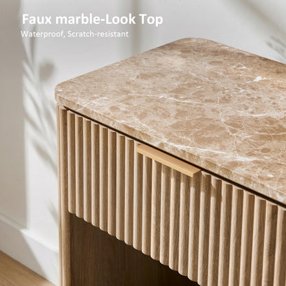 Hvoonc 24"H Fluted Wood Nightstand with Drawer, Small Oak Bedside Table with Faux Marble Top for Bedroom Living Room