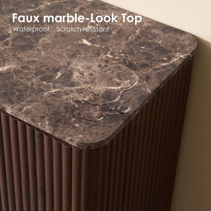 Hvoonc 25.3"H Wood Fluted Modern Nightstand with 3 Drawer and Faux Marble Top, Wanut Bedside Table with Gold Handles, Large Storage End Table for Bedroom